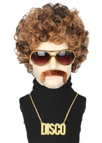 Topcosplay 4er Set Afro Perücke Herren Mit Sonnenbrille, Schnurrbart, Halskette - 70 80er Jahre Vokuhila Disco Hippie Perücke für Halloween Karneval Kostüm (Blond Mix Braun) von Topcosplay