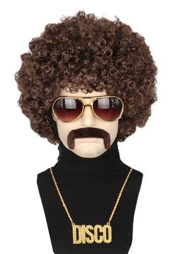 Topcosplay 4er Set Afro Perücke Herren mit Sonnenbrille Schnurrbart Halskette 70 80er Jahre Perücke Vokuhila Disco Perücke Hippie Perücke Halloween Karneval Kostüm (Dunkelbraun) von Topcosplay