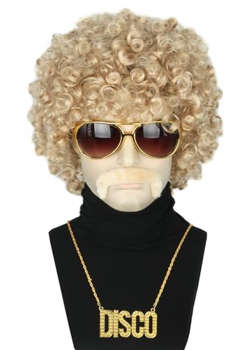 Topcosplay 4er Set Afro Perücke Herren mit Sonnenbrille Schnurrbart Halskette 70 80er Jahre Perücke Vokuhila Disco Perücke Hippie Perücke Halloween Karneval Kostüm (Honig Blond) von Topcosplay