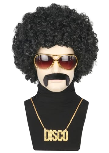 Topcosplay 4er Set Afro Perücke Herren mit Sonnenbrille Schnurrbart Halskette 70 80er Jahre Perücke Vokuhila Disco Perücke Hippie Perücke Halloween Karneval Kostüm (Schwarz) von Topcosplay