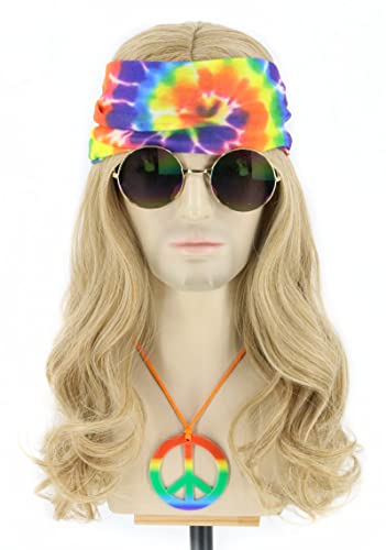 Topcosplay 4er Set Hippie Kostüm Vokuhila Perücke Bandanas Sonnenbrille Frieden Zeichen Halskette 70er 80er Jahre Disco Perücke Lang Lockig Disco Perücke für Karneval Halloween (Blond) von Topcosplay