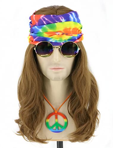 Topcosplay 4er Set Hippie Kostüm Vokuhila Perücke Bandanas Sonnenbrille Frieden Zeichen Halskette 70er 80er Jahre Disco Perücke Lang Lockig Disco Perücke für Karneval Halloween (Lockig Disco Perücke) von Topcosplay