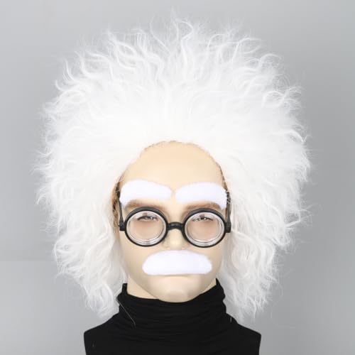 Topcosplay 4er Set Perücke Professor Perücke Opa Weiß mit Augenbrauen Bart und Brille Verrückte Perücke Herren Fasching Halloween Perücke für Erwachsene (Weiß) von Topcosplay