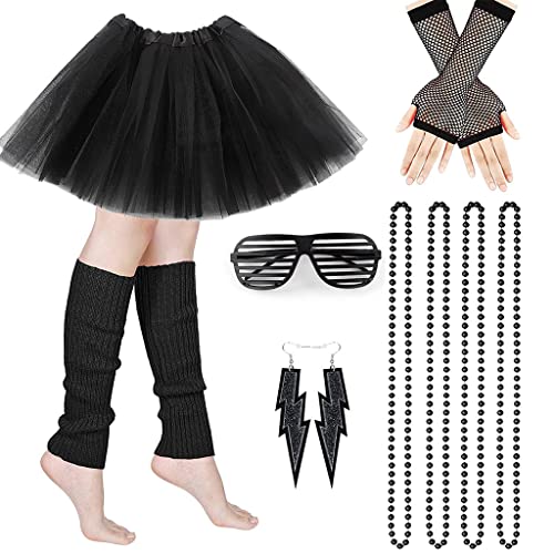 Topcosplay 80er Jahre Outfit Damen 5er set Kostüm Accessoires Netzhandschuhe Halskette Ohrring Armband Stirnband für Motoparty Retro Party (6er Set-schwarze) von Topcosplay