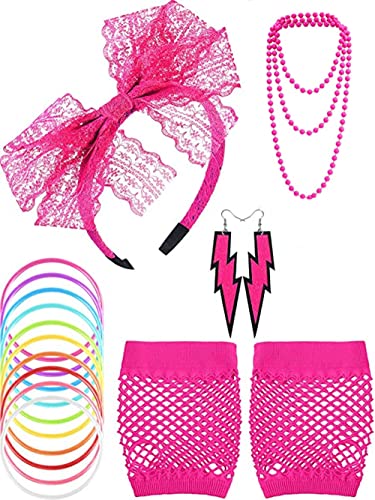 Topcosplay 80er Jahre Outfit Damen 5er set Kostüm Accessoires Netzhandschuhe Halskette Ohrring Armband Stirnband für Motoparty Retro Party (Rosa) von Topcosplay