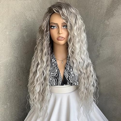 Topcosplay Blond Perücke Damen Lang Cosplay Natürliche Lockige Perücke 26" Gewellt Perücke für den täglichen Gebrauch (Grau-curly) von Topcosplay