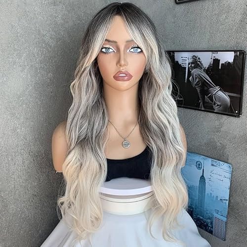 Topcosplay Blond Perücke Damen Lang Cosplay Natürliche Lockige Perücke 26" Gewellt Perücke für den täglichen Gebrauch (Grau-wavy) von Topcosplay