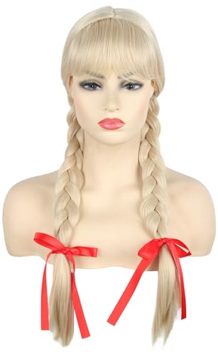 Topcosplay Blond Damen mit Zöpfen Geflochten Perücke mit Schleifen Karnveval Fasching Cosplay Perücke (Blond mit pony) von Topcosplay