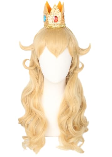 Topcosplay Cosplay Princess Peach Perücke mit Krone für Mädchen Lang Lockig Gelb Princess für Fasching Karneval Halloween Party (Mädchen) von Topcosplay