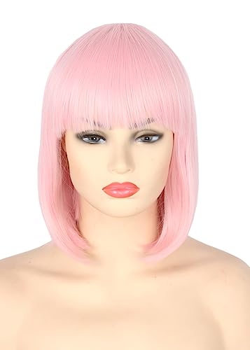 Topcosplay Damen Bob Perücke Kurze Rosa Perücke mit Pony Kostüm Karneval Fasching Synthetische Perücken von Topcosplay