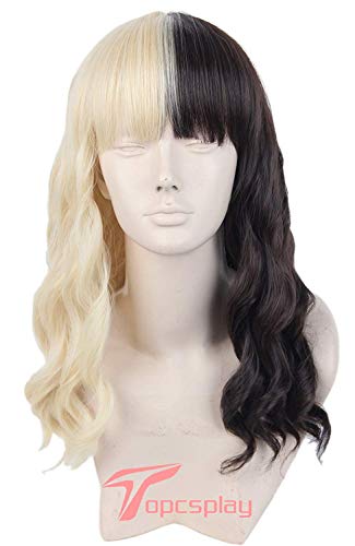 Topcosplay Damen Perücke Halb Schwarz und Halb Blond Lange Natürliche Gewellte Synthetische Perücken für Kostümparty Halloween Karneval von Topcosplay