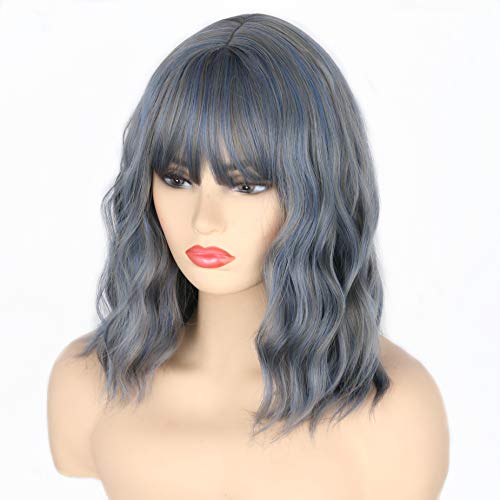 Topcosplay Damen Perücke Halb Schwarz und Halb Grau Lang Gewellt Locken Natürlich Perücke für Kostümparty Halloween Karneval (Grau Blau) von Topcosplay