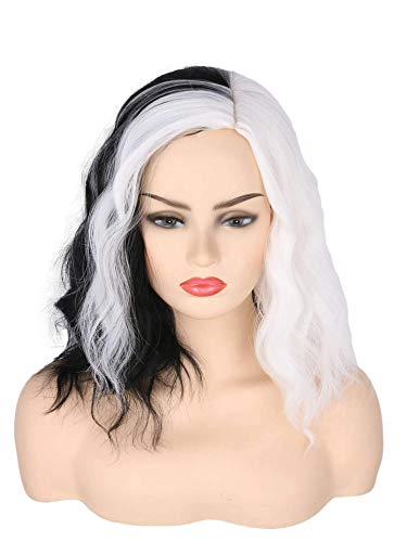 Topcosplay Damen Perücke Halb Schwarz und Halb Grau Lang Gewellt Locken Natürlich Perücke für Kostümparty Halloween Karneval (Weiß gemischt Schwarz) von Topcosplay