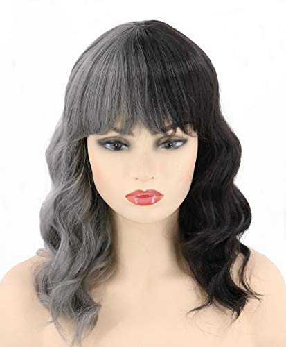 Topcosplay Damen Perücke Halb Schwarz und Halb Grau Lang Gewellt Locken Natürlich Perücke für Kostümparty Halloween Karneval von Topcosplay