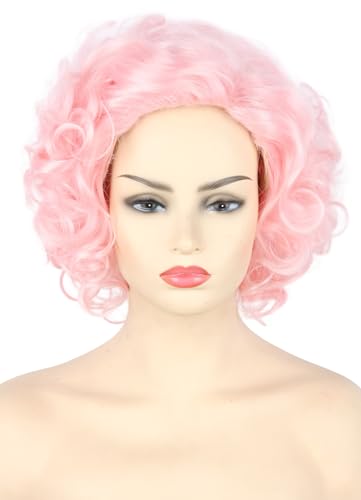 Topcosplay Damen Rosa Perücke Synthetische Kurz Lockig Perücken Halloween Karneval Cosplay Kostüme mit Pony von Topcosplay