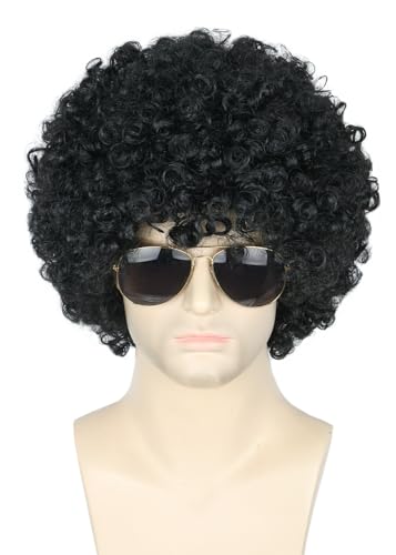 Topcosplay Herren Afro Perücke mit Schnurrbart 70er Jahre Funky Hippie Perücke, Kurz Lockig Perücke Schwarz für Fasching Karneval Halloween von Topcosplay