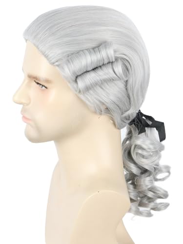 Topcosplay Herren Barock Perücke mit Zopf Blonde Richter Perücke Rokoko Lockig Marquis Perücke für Faschings Halloween (Grau) von Topcosplay