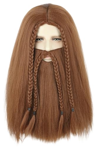 Topcosplay Herren Wikinger Stil Kostüm Perücke und Bart Set Lange Braun Geflochtene Haare mit Gesichtshaar Mittelalter Krieger Pirat Cosplay Perücke von Topcosplay