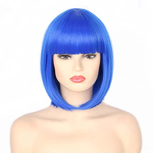 Topcosplay Kurz Blau Bob Perücke Damen und Mädchen Perücke mit Pony Halloween Karneval Perücke von Topcosplay