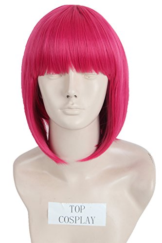 Topcosplay Kurze Bob Perücke für Frauen Rose Rot Perücke mit Flach Pony Synthetische Cosplay Tägliche Party Perücke von Topcosplay