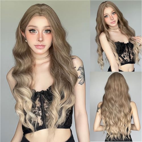 Topcosplay Lange Gewellte Blond Perücke Damen Natürliches Synthetisches Haar Perücke für Den Täglichen Gebrauch Party (Blond gemischt mit Braun) von Topcosplay