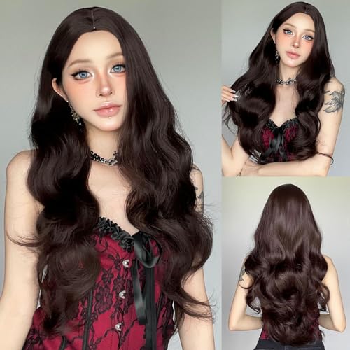 Topcosplay Lange Gewellte Blond Perücke Damen Natürliches Synthetisches Haar Perücke für Den Täglichen Gebrauch Party (Dunkelbraun) von Topcosplay