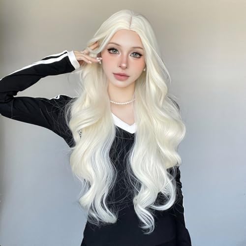 Topcosplay Lange Gewellte Blond Perücke Damen Natürliches Synthetisches Haar Perücke für Den Täglichen Gebrauch Party (Platinblond) von Topcosplay