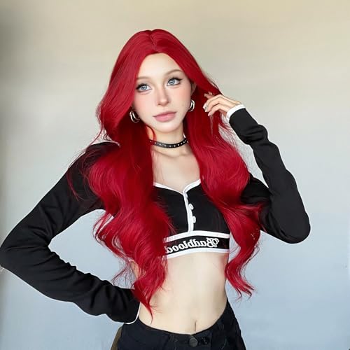 Topcosplay Lange Gewellte Blond Perücke Damen Natürliches Synthetisches Haar Perücke für Den Täglichen Gebrauch Party (Rot) von Topcosplay
