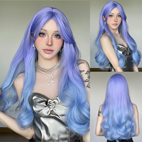 Topcosplay Perücke Damen Lang mit Pony Blond Lockige Wellige Perücke Natürliche Synthetisches Haar Perücke für Die Tägliche Party (Blau) von Topcosplay