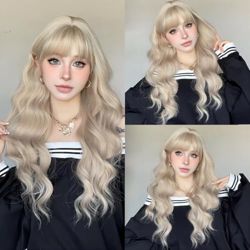 Topcosplay Perücke Damen Lang mit Pony Blond Lockige Wellige Perücke Natürliche Synthetisches Haar Perücke für Die Tägliche Party (Blond) von Topcosplay