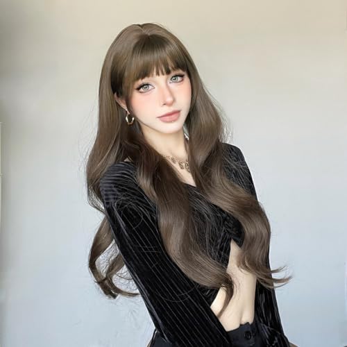 Topcosplay Perücke Damen Lang mit Pony Blond Lockige Wellige Perücke Natürliche Synthetisches Haar Perücke für Die Tägliche Party (Braun) von Topcosplay