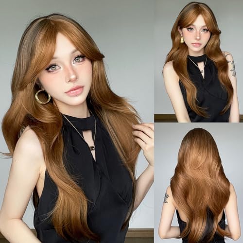 Topcosplay Perücke Damen Lang mit Pony Blond Lockige Wellige Perücke Natürliche Synthetisches Haar Perücke für Die Tägliche Party (Braun gemischt mit Schwarz) von Topcosplay