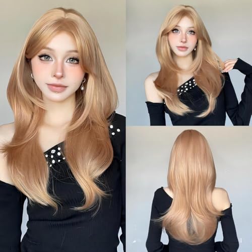 Topcosplay Perücke Damen Lang mit Pony Blond Lockige Wellige Perücke Natürliche Synthetisches Haar Perücke für Die Tägliche Party (Goldbraun) von Topcosplay