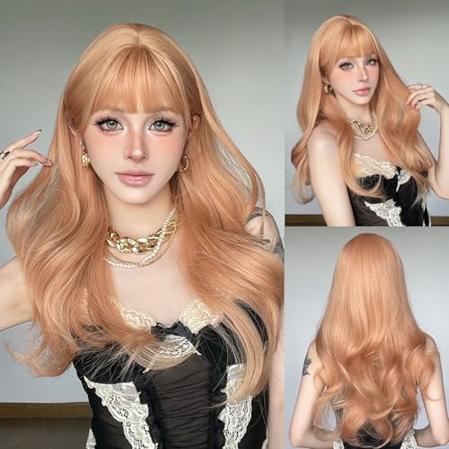 Topcosplay Perücke Damen Lang mit Pony Blond Lockige Wellige Perücke Natürliche Synthetisches Haar Perücke für Die Tägliche Party (Hellorange) von Topcosplay