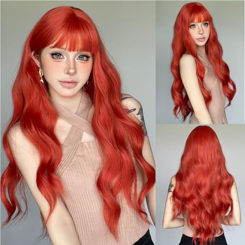 Topcosplay Perücke Damen Lang mit Pony Blond Lockige Wellige Perücke Natürliche Synthetisches Haar Perücke für Die Tägliche Party (Rot Orange) von Topcosplay