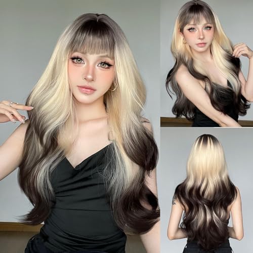 Topcosplay Perücke Damen Lang mit Pony Blond Lockige Wellige Perücke Natürliche Synthetisches Haar Perücke für Die Tägliche Party (Schwarz-Weiß-Farbverlauf) von Topcosplay