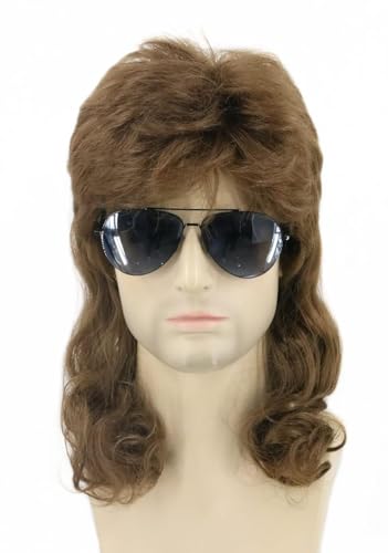 Topcosplay Vokuhila Perücke Herren Afro 80er Perücke Männer Karneval Rocker Hippie Perücke (Braun Curly) von Topcosplay