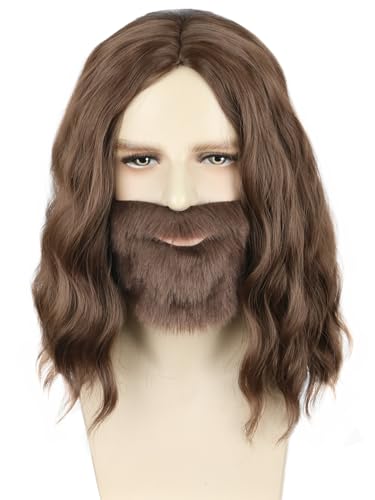 Topcosplay Perücke mit Bart Herren Prophet Perücke Braun Vollbart Perücke für Cosplay Halloween Fasching Karneval (Braun) von Topcosplay