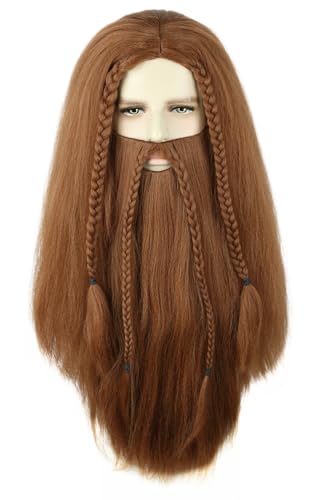 Topcosplay Perücke und Bart Set Herren Zauberer Magier Perücke Grau/Weiß Halloween Fasching Karneval Perücke (Brown) von Topcosplay