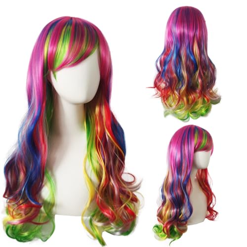 Topcosplay Regenbogen Perücke für Damen Mehrfarbig Perücke Lang Lockig Bunt Perücke Fasching Cosplay Halloween Perücke (Mehrfarbig) von Topcosplay