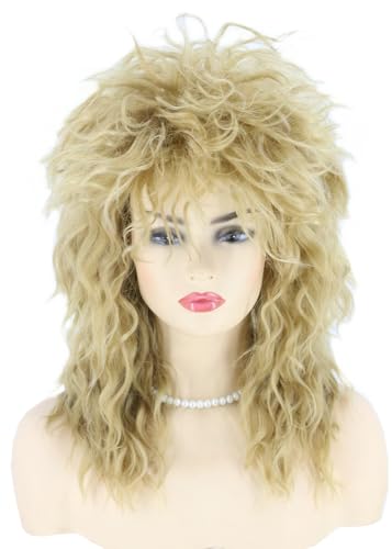 Topcosplay Rockstar Perücke mit Ohrringe Halskette Rock Queen Tina Perücke für Damen Rock Diva Wig Perücke 70er 80er Jahre Party Popstar Perücke (Blond) von Topcosplay