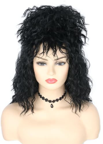 Topcosplay Schwarz Lang Lockig Perücke Retro Beehive Perücke mit Halskette für Fasching Karneval Halloween von Topcosplay