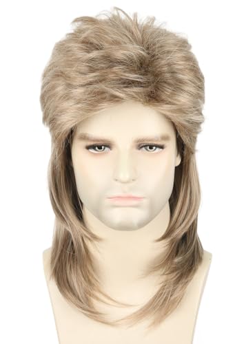 Topcosplay Vokuhila-Perücken für Herren, 80er-Jahre-Perücke, lang, gewellt, hellbraun, Kostümparty, Perücke von Topcosplay