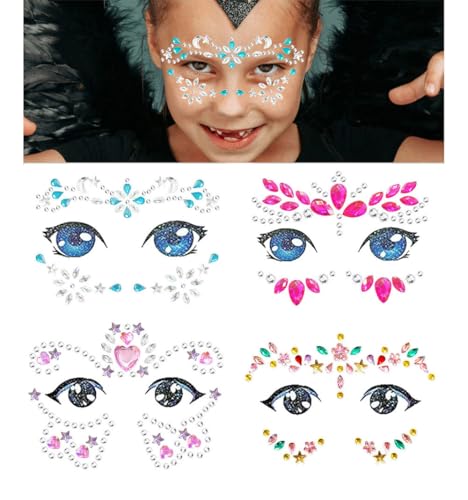 Kinder Gesichtsjuwelen 4er Set – Glitzernde Gesichtssticker & Kristall Temporäre Tattoos – Strass Make-up für Mädchen zu Halloween, Geburtstag & Weihnachten (4 Stück) von Topfunyy