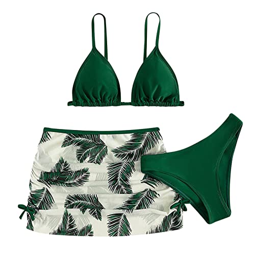 Baderock Damen Kinder Kind Mädchen 3-teilige Badeanzüge Badeanzug Soild Bikinioberteile Unterhose Print Rock Set Bikini Schwarz (Green, 12-14 Years) von Topgrowth Accessorio