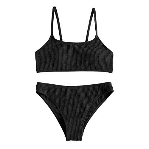 Bikini Mädchen Teenager mit Shorts Bikini Kinder Mädchen Zweiteiliger Badeanzüge Rüschen Bikinioberteil mit Triangel Bedruckte Bikinihose Mädchen Tankini Bikini Mädchen (C-Black, 13-14 Years) von Topgrowth Accessorio