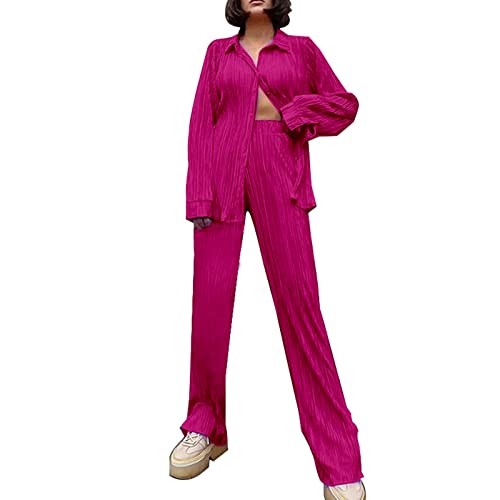 Damen 2 Stück Casual Outfits Rever Langarm Button Down Shirt Zweiteiler Damen Sommer Plissee Set Elegant Anzug Outfits Hosenanzug Bluse + Weites Bein Hose Herbst Outfit Casual (A-Hot Pink, XL) von Topgrowth Accessorio