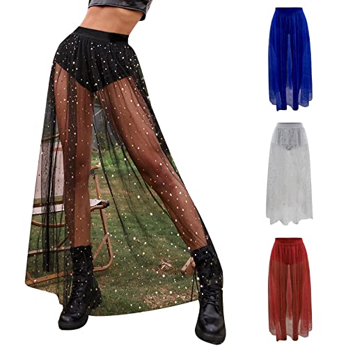 Damen 2 in 1 Transparent Pailletten Rock Mesh Rock Mit Hose Drunter High Waist Tüllrock Glitzer Maxirock Techno Outfit Damen Rave Outfit Glitzer Rock Festival Rock Outfit Rock Party Clubwear von Topgrowth Accessorio