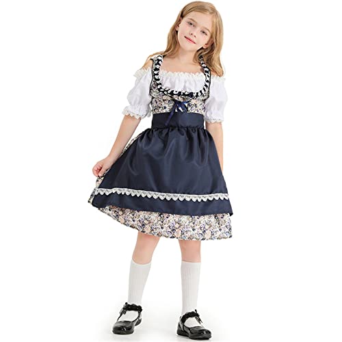 Kinderdirndl 3-TLG Dirndl Mädchen Kinder Kleinkind Baby Mädchen Sommer Das Oktoberfest Baumwolle Kurzarm Schürze Prinzessin Kleid Outfits Kleidung Jogginganzug Set (Navy, 5-6 Years) von Topgrowth Accessorio