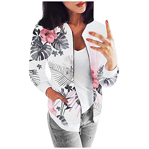 Topgrowth Accessorio Damen Bomberjacke Blumenmuster Langarm Jacket leichte Fliegerjacke Blouson Pilotenjacke Kurzjacke Damenjacke Outwear Kurz Coat Herbst Frühling College Jacke (A-White, M) von Topgrowth Accessorio